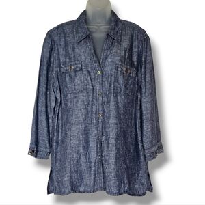 JM Collection 100% Linen Button Down Shirt Womens‎ Size 14 Blue Silver Accent